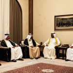 **A historic meeting between King Abdulaziz Al Saud and a foreign diplomat, circa 1930s.  The scene should convey respect and the establishment of new diplomatic ties. Use sepia tones to evoke the era.** (Depicts the founding era of Saudi diplomacy)