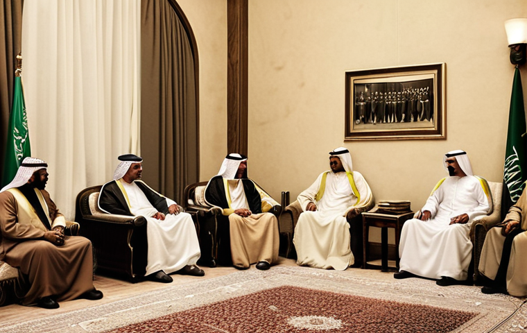 **A historic meeting between King Abdulaziz Al Saud and a foreign diplomat, circa 1930s.  The scene should convey respect and the establishment of new diplomatic ties. Use sepia tones to evoke the era.** (Depicts the founding era of Saudi diplomacy)