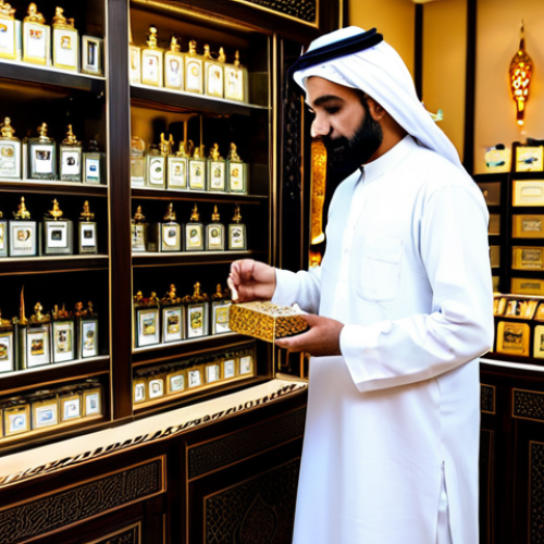 A professional Saudi perfumer, a man in a traditional thobe and ghutra, standing in a richly decorated traditional Saudi perfume shop. He is carefully selecting exotic oud chips and fragrant resins from ornate wooden boxes. The shop is filled with beautiful glass perfume bottles, incense burners, and intricate textiles, bathed in warm, soft lighting. The atmosphere is steeped in heritage and artisanal craft. Fully clothed, modest clothing, appropriate attire, professional dress, perfect anatomy, correct proportions, natural pose, well-formed hands, proper finger count, natural body proportions, safe for work, appropriate content, family-friendly, professional photography, high quality, intricate details.