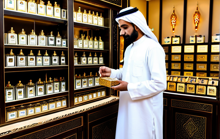 A professional Saudi perfumer, a man in a traditional thobe and ghutra, standing in a richly decorated traditional Saudi perfume shop. He is carefully selecting exotic oud chips and fragrant resins from ornate wooden boxes. The shop is filled with beautiful glass perfume bottles, incense burners, and intricate textiles, bathed in warm, soft lighting. The atmosphere is steeped in heritage and artisanal craft. Fully clothed, modest clothing, appropriate attire, professional dress, perfect anatomy, correct proportions, natural pose, well-formed hands, proper finger count, natural body proportions, safe for work, appropriate content, family-friendly, professional photography, high quality, intricate details.