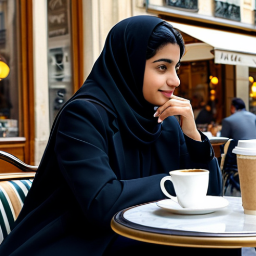 Parisian Cafe Scene**

"A fully clothed Saudi woman in a modest, stylish outfit sits at a charming Parisian cafe, enjoying coffee and a pastry. Background includes classic French architecture and bustling street scene. Safe for work, appropriate content, perfect anatomy, natural pose, high quality, professional photography, warm lighting, modest attire."

**