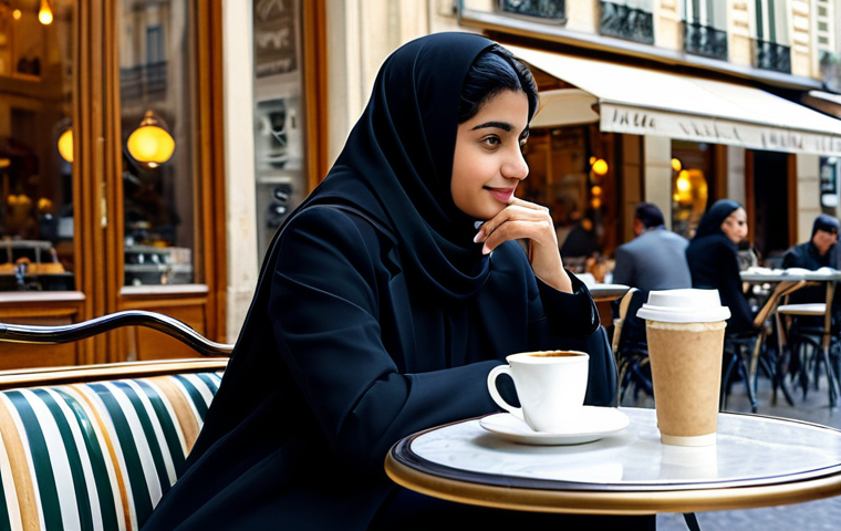 Parisian Cafe Scene**

"A fully clothed Saudi woman in a modest, stylish outfit sits at a charming Parisian cafe, enjoying coffee and a pastry. Background includes classic French architecture and bustling street scene. Safe for work, appropriate content, perfect anatomy, natural pose, high quality, professional photography, warm lighting, modest attire."

**
