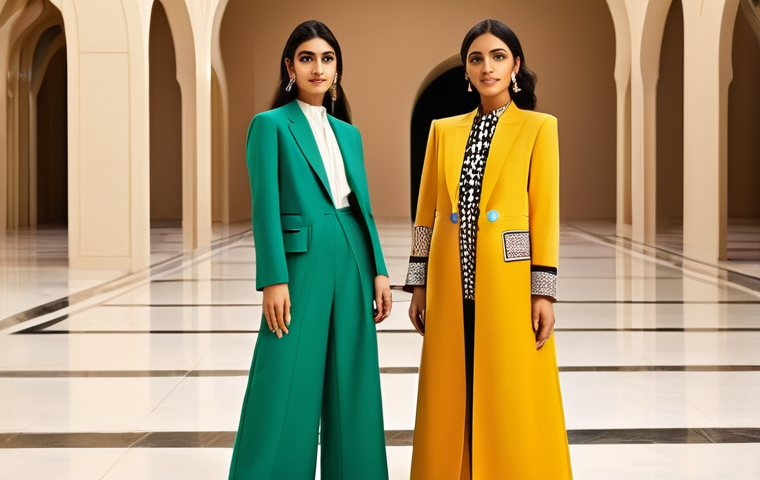 사우디아라비아에서 주목받는 신진 디자이너 - **Prompt:** A sophisticated female model, in her early thirties, walks with powerful confidence down...