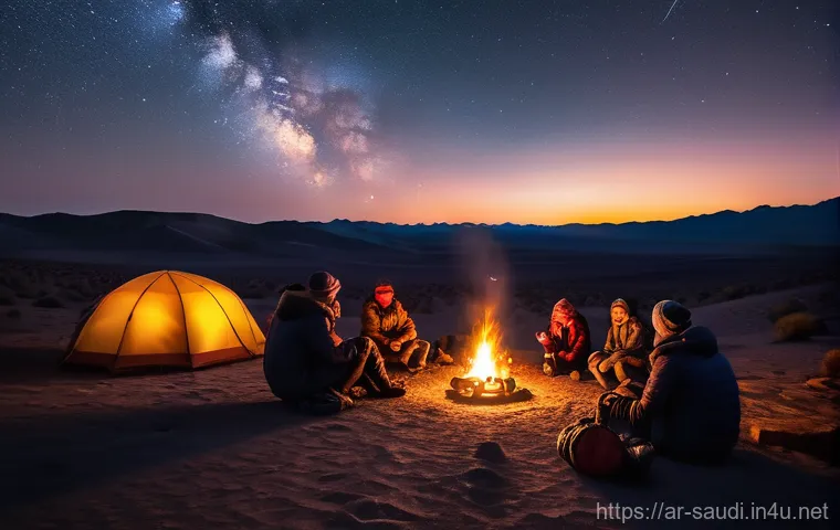 사막 캠핑을 위한 필수 준비물 - Image Prompt 1: Desert Camp Under Starry Skies**