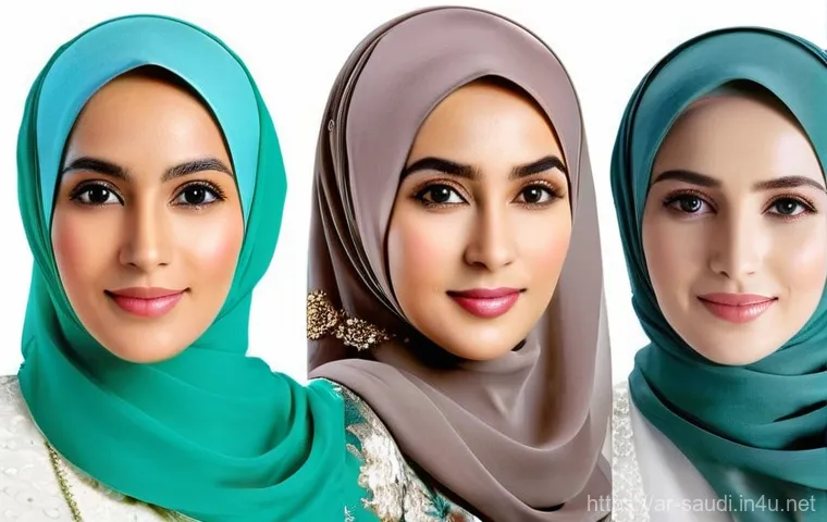 히잡 착용 규칙과 구매처 - **Prompt 1: Elegant Hijab Styling for Diverse Face Shapes**
    "A photorealistic portrait of three ...