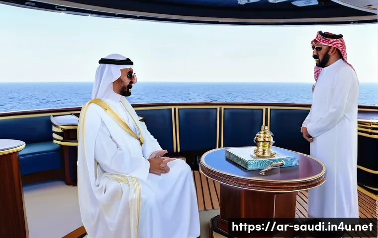 사우디아라비아 내 미국과의 관계 - The two leaders are seated comfortably, facing each other at a small table on the ship's deck, engag...