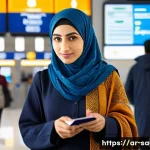 비자가 필요한 국적과 신청 절차 - A modern Middle Eastern traveler at an airport visa counter, dressed in modest, stylish clothing wit...