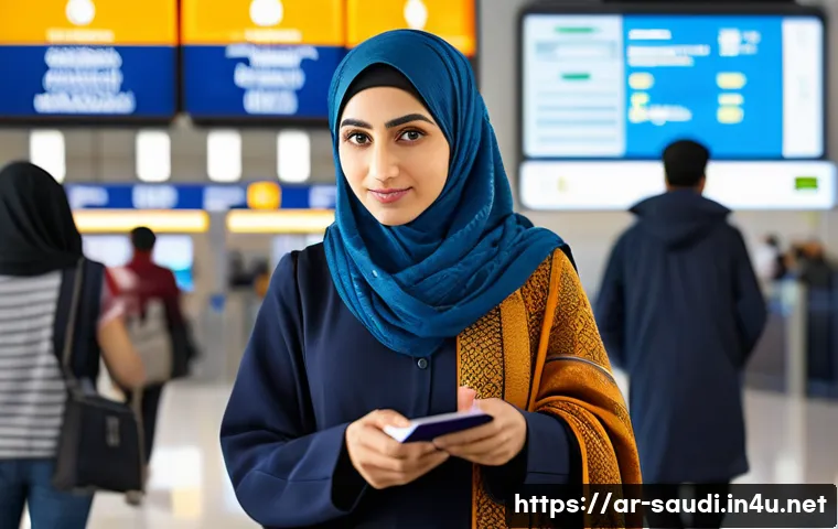 비자가 필요한 국적과 신청 절차 - A modern Middle Eastern traveler at an airport visa counter, dressed in modest, stylish clothing wit...