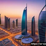 빈살만 왕세자의 비전 2030 계획 - A vibrant futuristic cityscape of NEOM in Saudi Arabia during sunset, showcasing cutting-edge sustai...