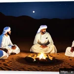 사우디아라비아 왕실 가족 인물 탐구 - A detailed historical scene set in 18th century Najd desert, featuring members of the Al Saud family...