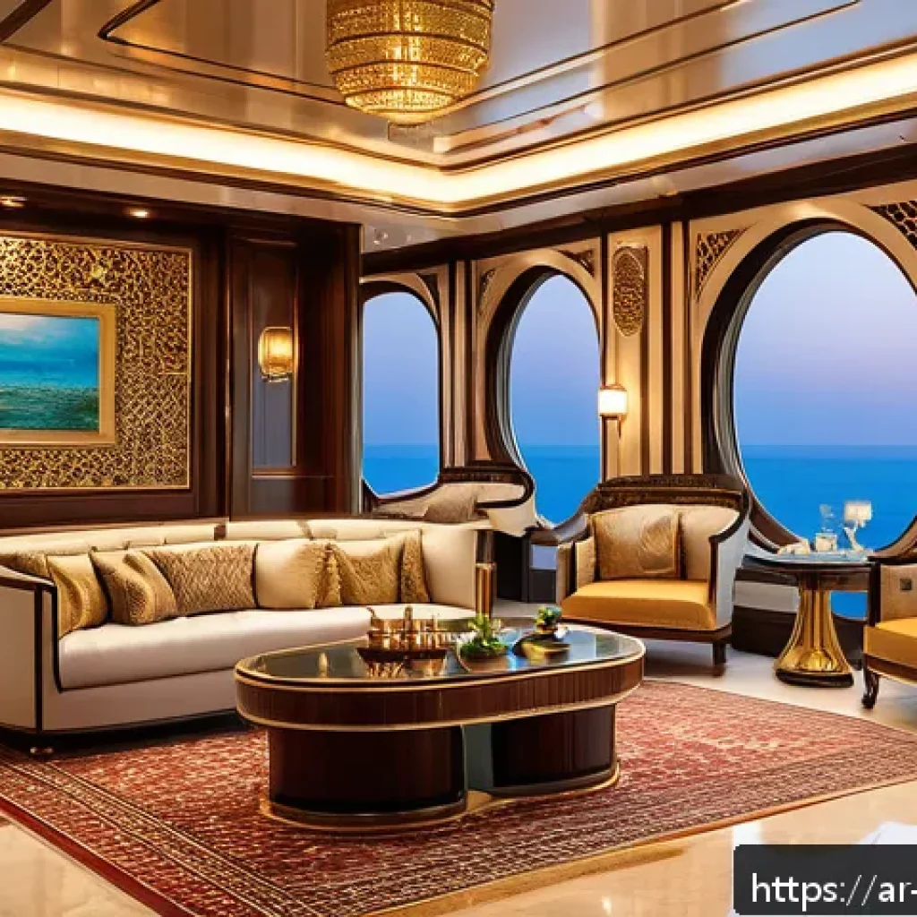 사우디아라비아 해양 관광과 크루즈 - A luxurious cruise ship interior inspired by high-end Arabian design, featuring opulent furniture wi...