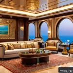 사우디아라비아 해양 관광과 크루즈 - A luxurious cruise ship interior inspired by high-end Arabian design, featuring opulent furniture wi...