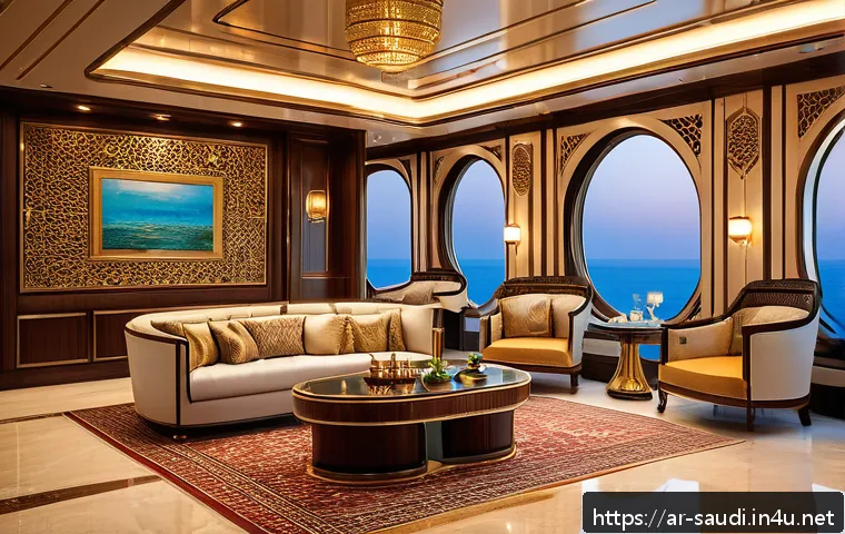 사우디아라비아 해양 관광과 크루즈 - A luxurious cruise ship interior inspired by high-end Arabian design, featuring opulent furniture wi...