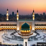 사우디아라비아의 주요 이슬람 사원  메카 메디나 마스지드 알하람 - A panoramic view of the Grand Mosque (Al-Masjid al-Haram) at sunset, showcasing the harmonious blend...