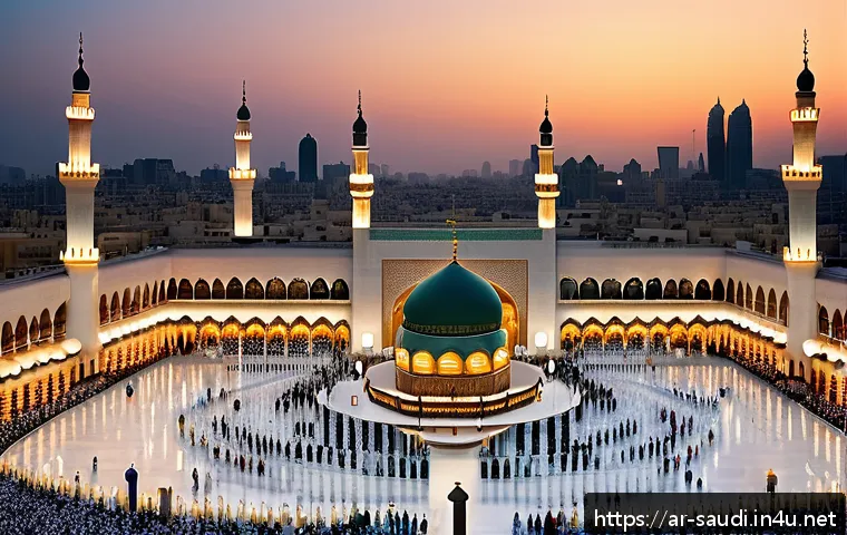 사우디아라비아의 주요 이슬람 사원  메카 메디나 마스지드 알하람 - A panoramic view of the Grand Mosque (Al-Masjid al-Haram) at sunset, showcasing the harmonious blend...