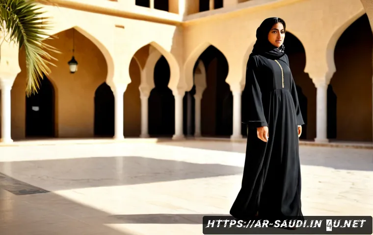 사우디아라비아 전통 복장   아바야와 구트라 - Photorealistic full-length portrait of a Saudi Arabian woman wearing an elegant flowing black abaya ...