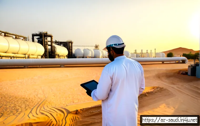 사우디아라비아 경제  석유 산업 비전 2030 - Photorealistic wide-angle sunrise view of a modern Saudi Arabian oil processing facility in the dese...