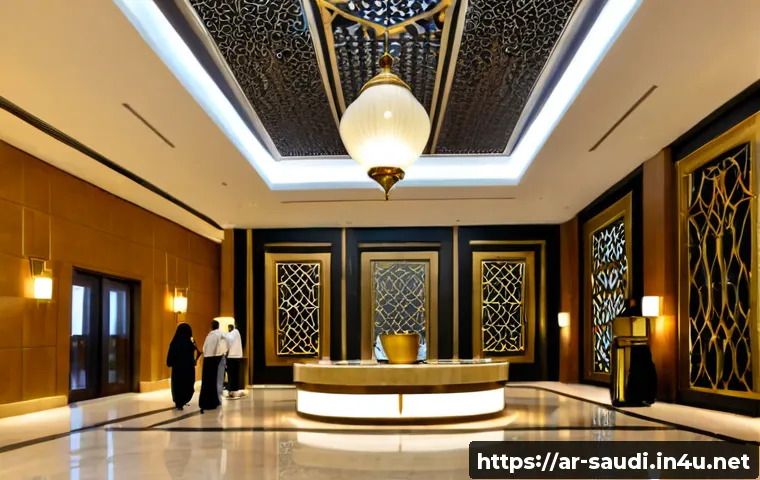 사우디아라비아 주요 호텔과 숙박시설 리뷰 - Photorealistic wide-angle interior of an elegant Riyadh luxury hotel lobby, soaring contemporary Ara...
