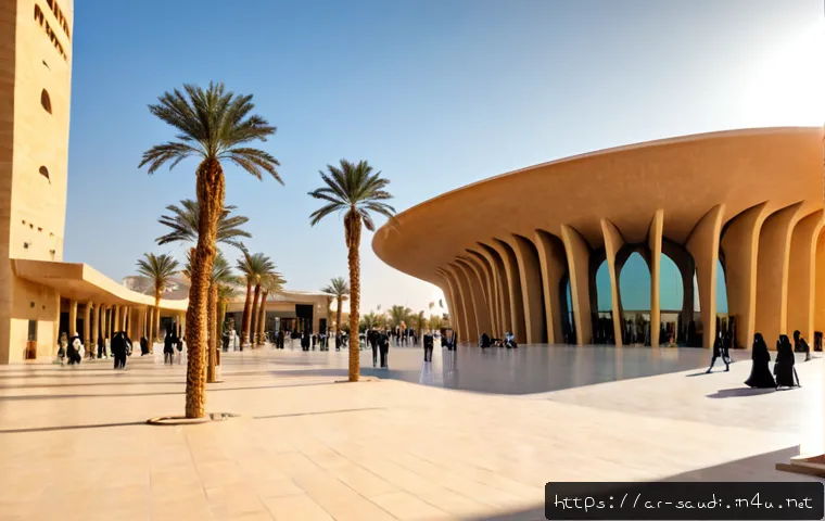 사우디아라비아의 현대 예술과 공공미술 - Photorealistic contemporary public art plaza in Riyadh at golden hour, a monumental abstract stainle...